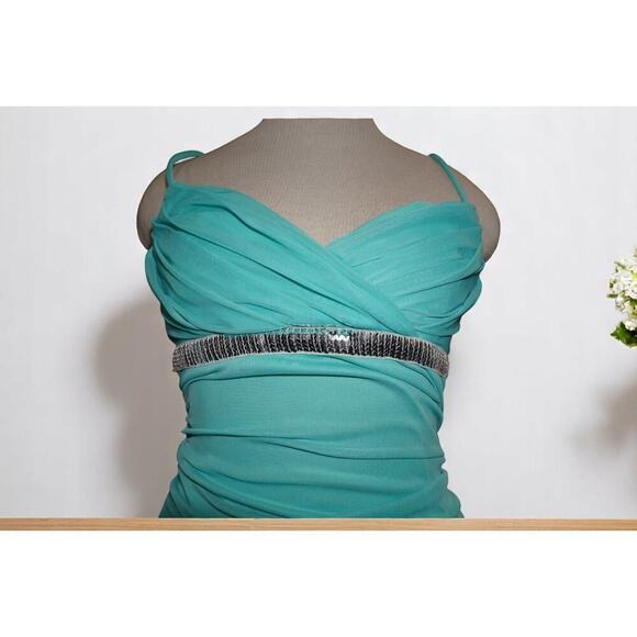 City Triangles Aqua Blue Ruched Dress with Rhinestone Waist – Size M - Picture 2 of 6